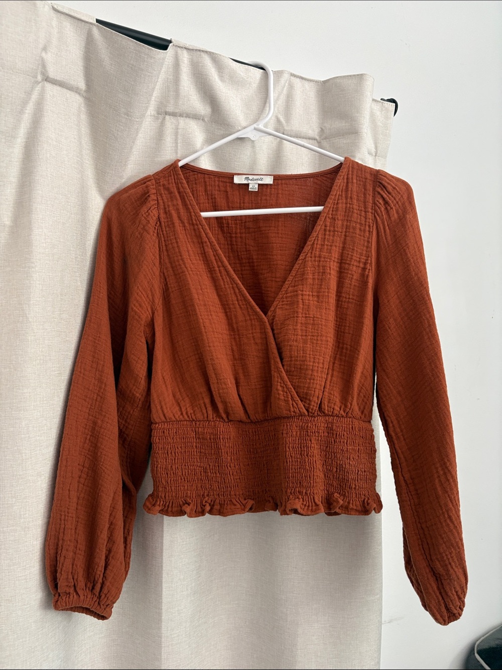 Madewell Rust Wrap-Front Smocked Waist Long-Sleeve Top